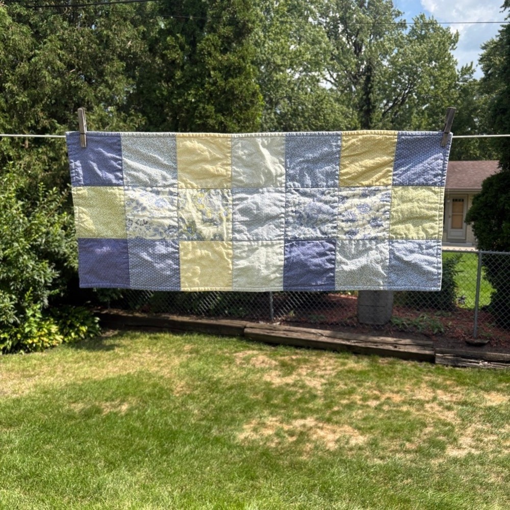 Handmade Patchwork Quilted Table Runner Blue Yellow Floral Farmhouse 29.5x12.5